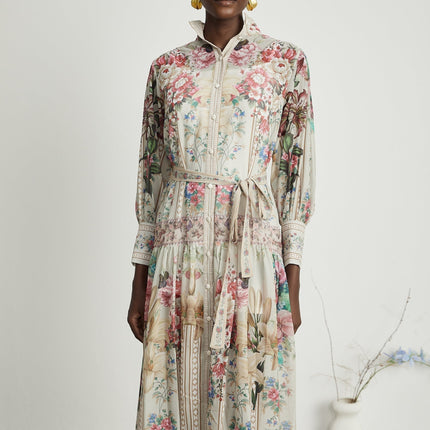 Yara Floral Print Midi Dress in Neutrals Multicolor 100% Terylene Composition