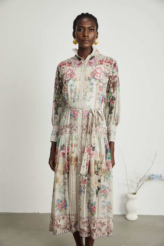 Yara Floral Print Midi Dress in Neutrals Multicolor 100% Terylene Composition