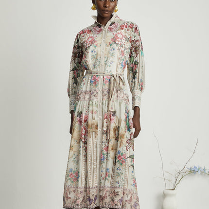 Yara Floral Print Midi Dress in Neutrals