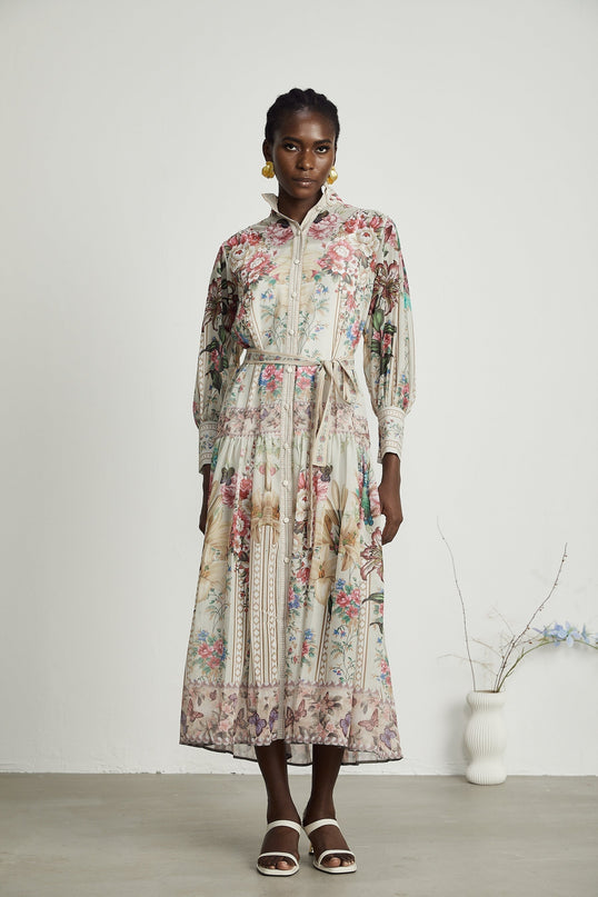 Yara Floral Print Midi Dress in Neutrals
