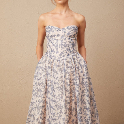 Yasmin Floral Print Midi Dress in Neutrals and Blues