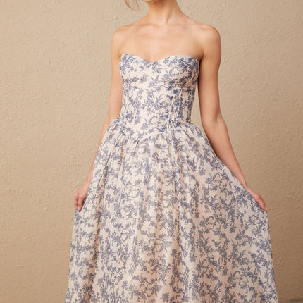 Yasmin Floral Print Midi Dress in Neutrals and Blues