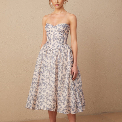 Yasmin Floral Print Midi Dress in Neutrals and Blues