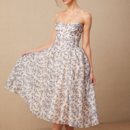 Yasmin Floral Print Midi Dress in Neutrals and Blues
