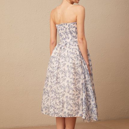 Yasmin Floral Print Midi Dress in Neutrals and Blues