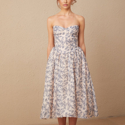 Yasmin Floral Print Midi Dress in Neutrals and Blues