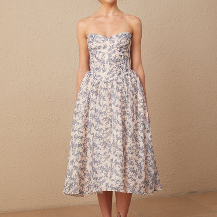 Yasmin Floral Print Midi Dress in Neutrals and Blues