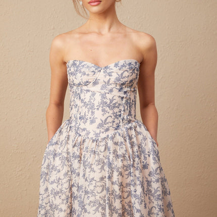 Yasmin Floral Print Midi Dress in Neutrals and Blues