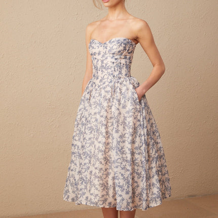 Yasmin Floral Print Midi Dress in Neutrals and Blues