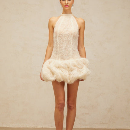 Yasmin Mini Dress in Neutrals with Halterneck Design and Puff Skirt