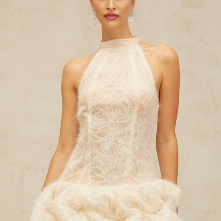 Yasmin Mini Dress in Neutrals Halterneck Puff Skirt Boned Bodice Jacquard Weave Detail