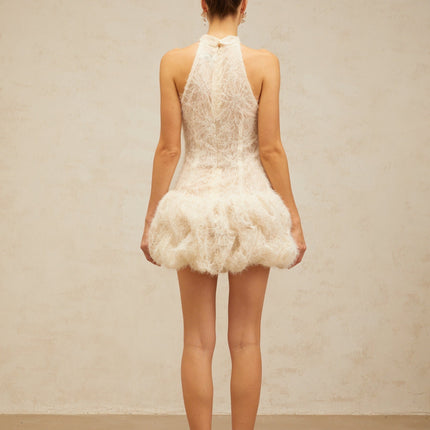 Yasmin Mini Dress in Neutrals Halterneck Puff Skirt Boned Bodice Jacquard Weave Detail Terylene Fiber