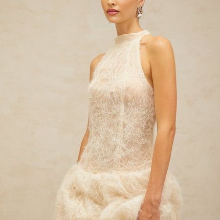 Yasmin Mini Dress in Neutrals Halterneck Puff Skirt Boned Bodice Jacquard Weave Detail Terylene Fiber