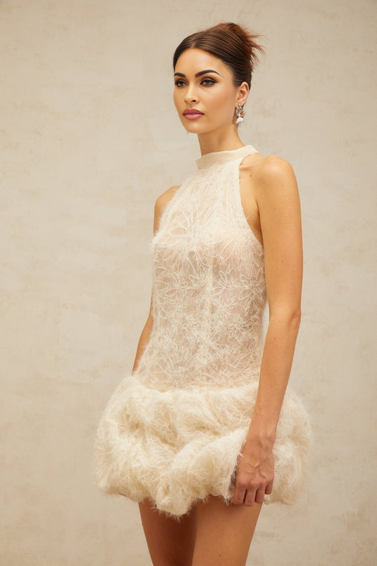 Yasmin Mini Dress in Neutrals Halterneck Puff Skirt Boned Bodice Jacquard Weave Detail Terylene Fiber