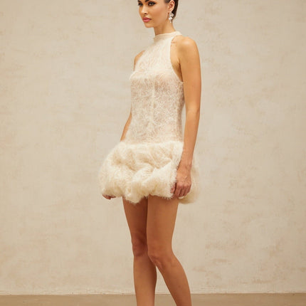 Yasmin Mini Dress in Neutrals Halterneck Puff Skirt Boned Bodice Jacquard Weave Detail Terylene Fiber