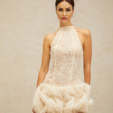 Yasmin Mini Dress in Neutrals Halterneck Puff Skirt Boned Bodice Jacquard Weave Detail Terylene Fiber