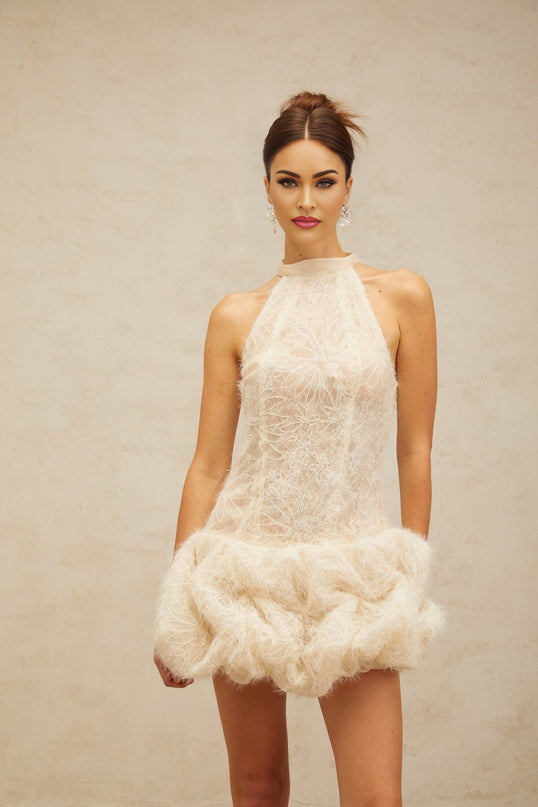 Yasmin Mini Dress in Neutrals Halterneck Puff Skirt Boned Bodice Jacquard Weave Detail Terylene Fiber