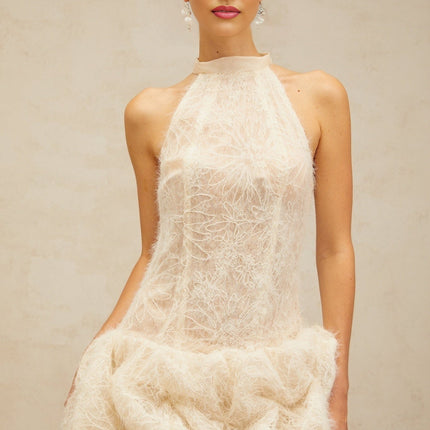 Yasmin Mini Dress Neutrals Halterneck Puff Skirt Jacquard Weave Boned Bodice Sleeveless Terylene Fiber
