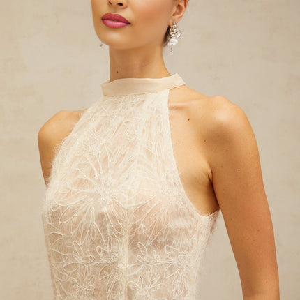 Yasmin Mini Dress in Neutrals Halterneck Puff Skirt Boned Bodice Jacquard Weave Detail