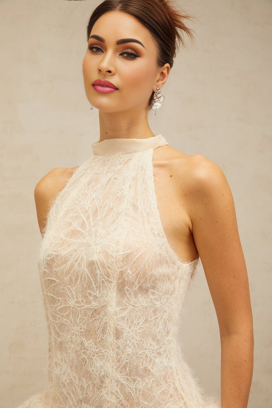 Yasmin Mini Dress in Neutrals Halterneck Puff Skirt Boned Bodice Jacquard Weave Detail