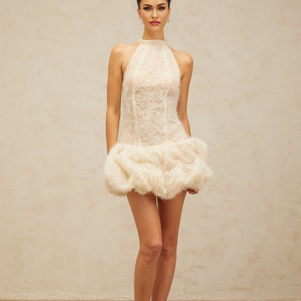 Yasmin Mini Dress in Neutrals Jacquard Weave Puff Skirt Halterneck Design