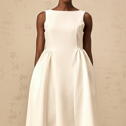 Yasmin White Midi Dress Bateau Neck Sleeveless Scoop Back Full Skirt Pleated Detailing Rear Zip Fastening Calf Length 74% Cotton 24% Terylene 2% Elastane