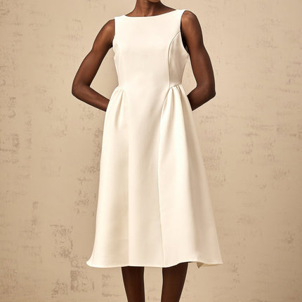 Yasmin White Midi Dress Bateau Neck Sleeveless Scoop Back Full Skirt Pleated Detailing Calf Length Rear Zip Fastening