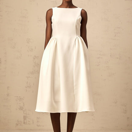Yasmin White Midi Dress Bateau Neck Sleeveless Scoop Back Full Skirt Pleated Detailing Calf Length Rear Zip Fastening Cotton Terylene Elastane