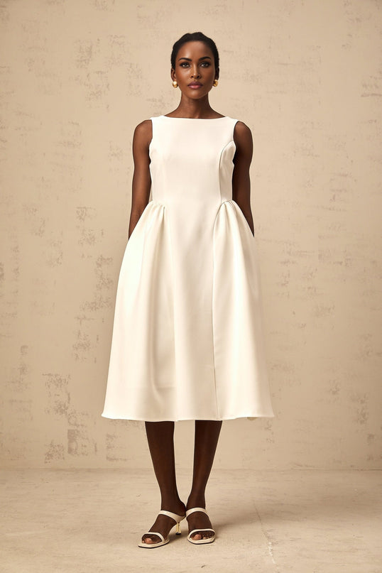 Yasmin White Midi Dress Bateau Neck Sleeveless Scoop Back Full Skirt Pleated Detailing Calf Length Rear Zip Fastening Cotton Terylene Elastane
