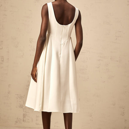 Yasmin White Midi Dress with Bateau Neck Sleeveless Scoop Back Full Skirt Pleated Detailing Rear Zip Fastening Calf Length 74% Cotton 24% Terylene 2% Elastane