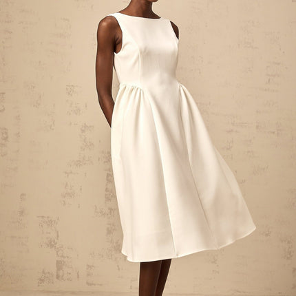 Yasmin White Midi Dress Sleeveless Bateau Neck Full Skirt Pleated Detailing Calf Length
