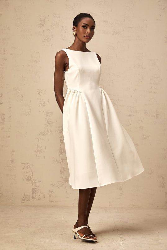 Yasmin White Midi Dress Sleeveless Bateau Neck Full Skirt Pleated Detailing Calf Length