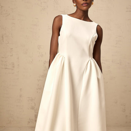 Yasmin White Midi Dress Sleeveless Scoop Back Full Skirt Pleated Detailing Calf Length