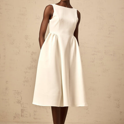 Yasmin White Midi Dress Sleeveless Scoop Back Pleated Detailing Calf Length