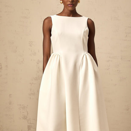 Yasmin White Midi Dress Bateau Neck Sleeveless Scoop Back Full Skirt Pleated Detailing Rear Zip Fastening Calf Length Cotton Terylene Elastane