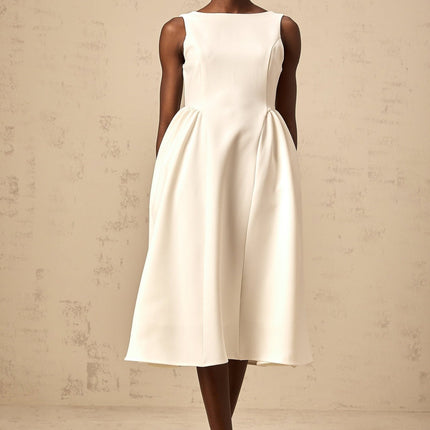 Yasmin White Midi Dress Sleeveless Bateau Neck Full Skirt Pleated Detailing Calf Length