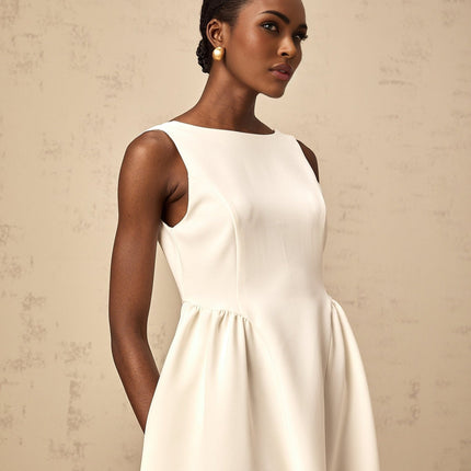 Yasmin White Midi Dress Bateau Neck Sleeveless Scoop Back Full Skirt Pleated Detailing Rear Zip Fastening Calf Length 74% Cotton 24% Terylene 2% Elastane