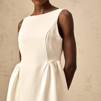 Yasmin White Midi Dress Sleeveless Bateau Neck Scoop Back Full Skirt Pleated Detailing Calf Length Rear Zip Fastening