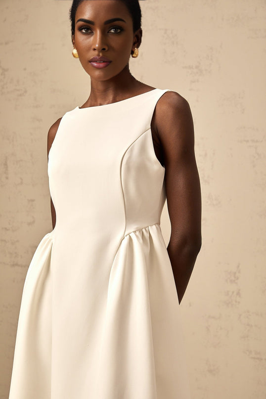 Yasmin White Midi Dress Sleeveless Bateau Neck Scoop Back Full Skirt Pleated Detailing Calf Length Rear Zip Fastening