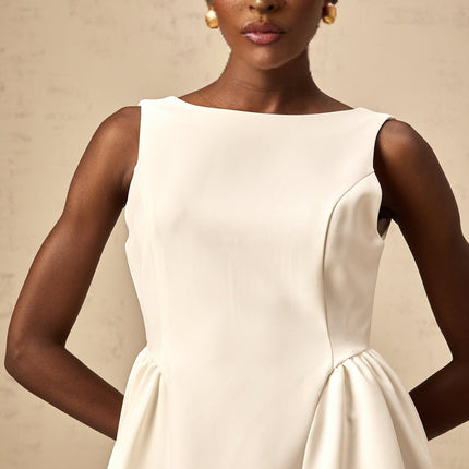 Yasmin White Midi Dress Bateau Neck Sleeveless Scoop Back Full Skirt Pleated Detailing Rear Zip Fastening Calf Length Cotton Terylene Elastane