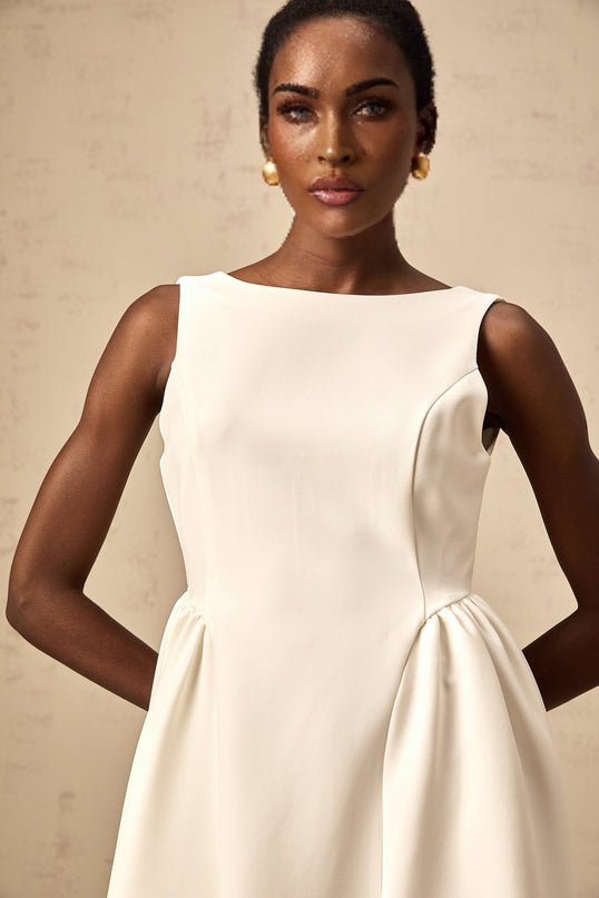 Yasmin White Midi Dress Bateau Neck Sleeveless Scoop Back Full Skirt Pleated Detailing Rear Zip Fastening Calf Length Cotton Terylene Elastane