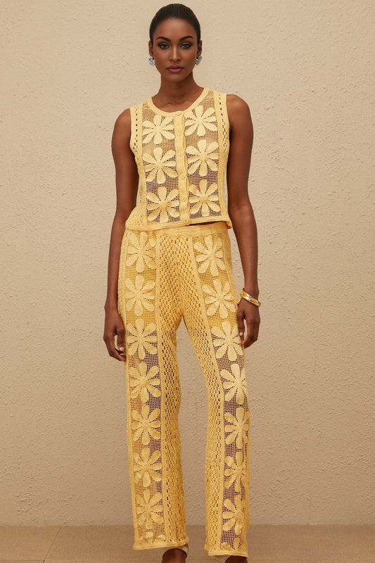 Yellow Crochet Knit Floral Jacquard Sleeveless Top and Wide Leg Trousers Set
