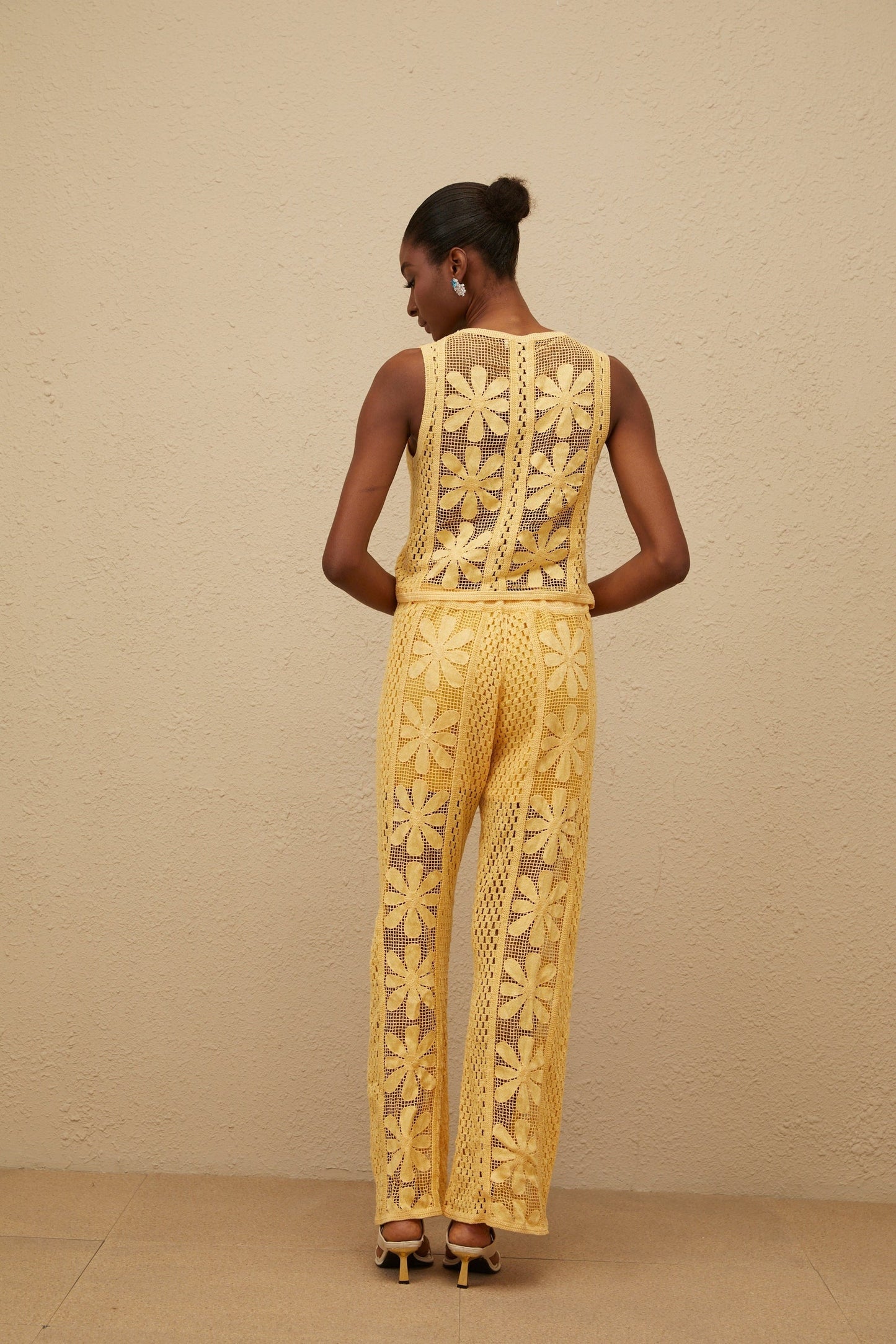 Yellow crochet knit floral jacquard sleeveless top and wide leg trousers set