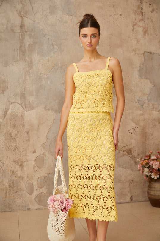 Yellow crochet knit top and skirt set Isoline matching outfit sleeveless summer beach wear