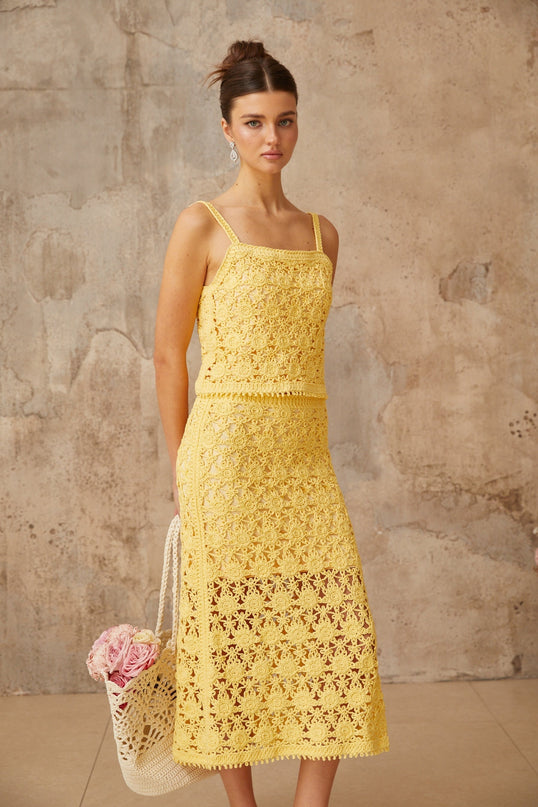 Yellow crochet knit top and skirt set matching outfit in Isoline style