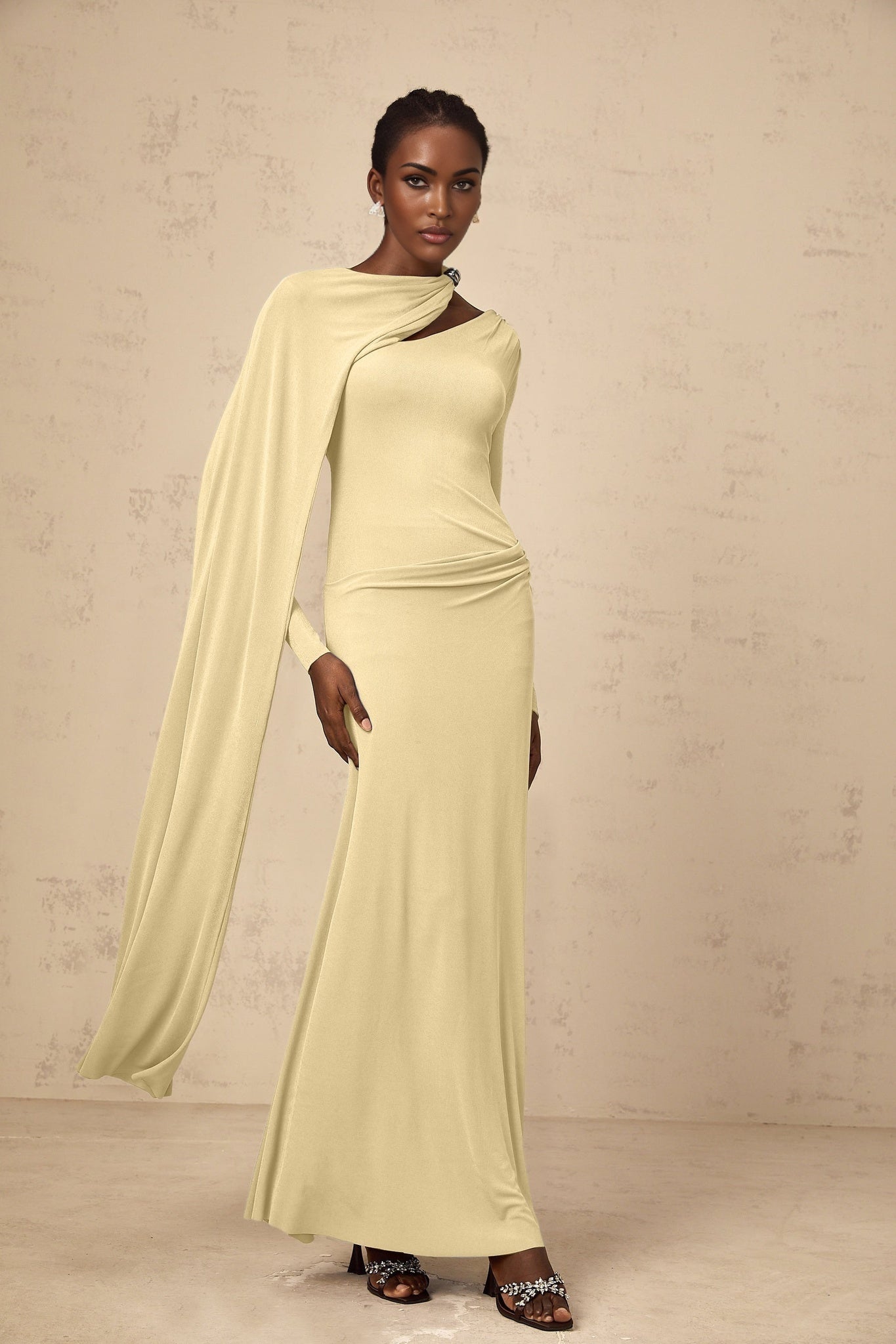 Yellow diagonal shawl design long sleeve dress with draped and ruched detailing