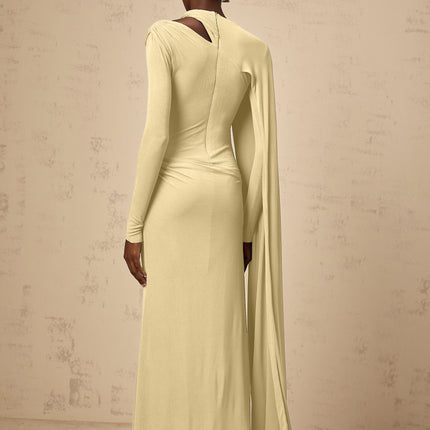 Yellow diagonal-shawl design long sleeve maxi dress with draped and ruched detailing