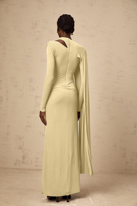 Yellow diagonal-shawl design long sleeve maxi dress with draped and ruched detailing