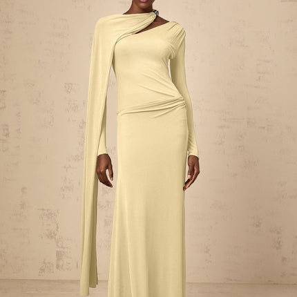 Yellow diagonal-shawl long sleeve maxi dress with draped and ruched detailing