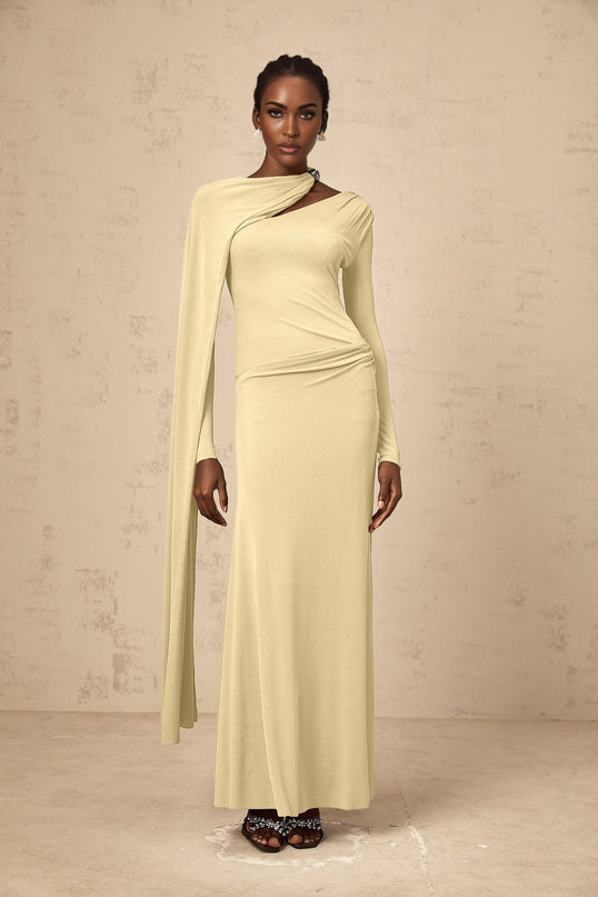 Yellow diagonal-shawl long sleeve maxi dress with draped and ruched detailing